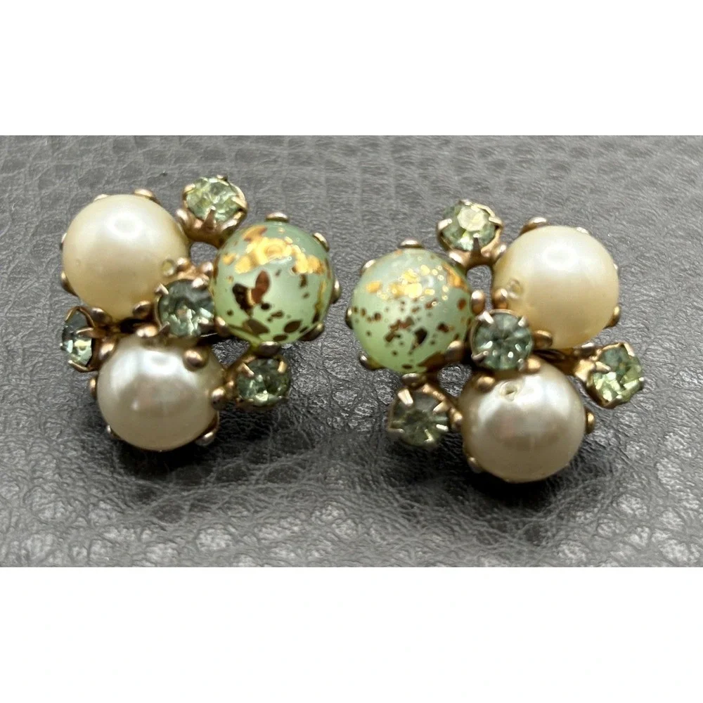 Vintage Faux Pearl Speckled Green Bead Rhinestone Cluster Clip On Earrings